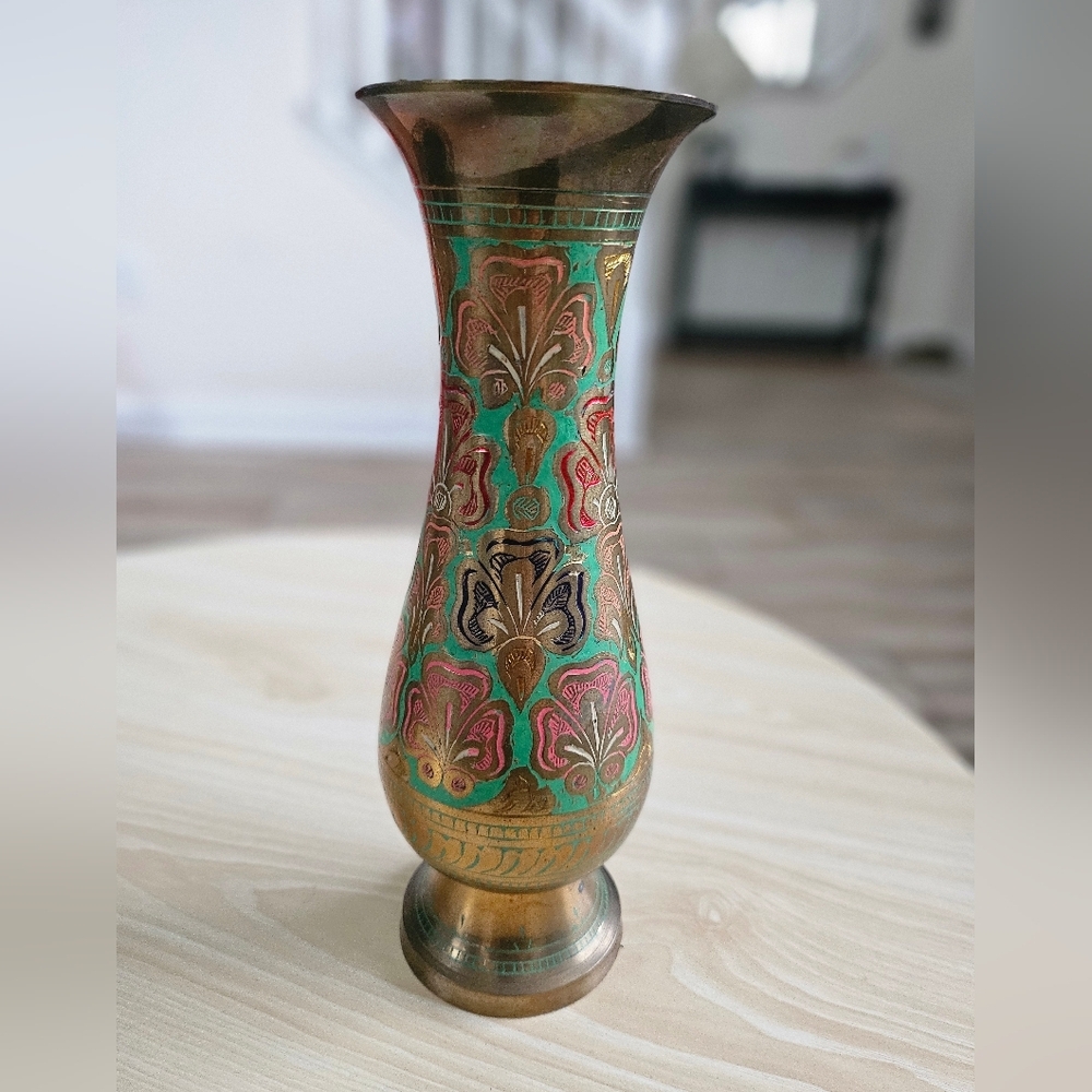 Antique Decorative Brass Floral Vase 9"